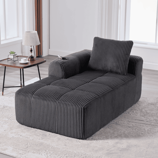 Poltrona de descanso em veludo cotelê - Sem montagem, com almofadas, bolsa lateral e porta-copos - Cinza