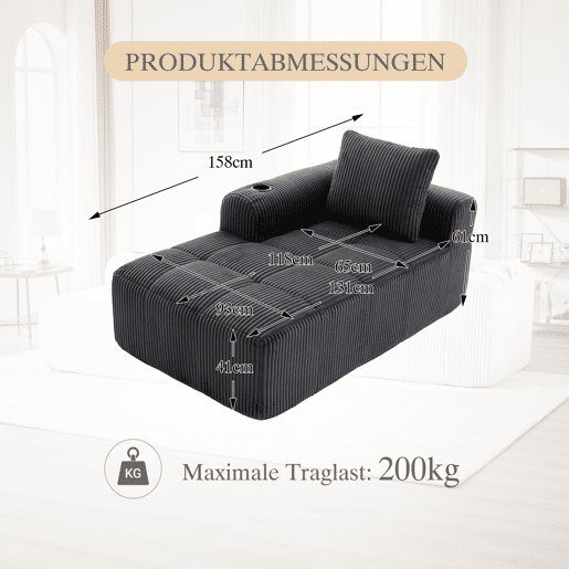 Poltrona de descanso em veludo cotelê - Sem montagem, com almofadas, bolsa lateral e porta-copos - Cinza