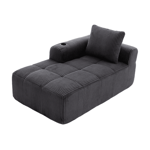 Poltrona de descanso em veludo cotelê - Sem montagem, com almofadas, bolsa lateral e porta-copos - Cinza