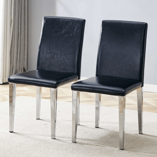 Conjunto de 2 cadeiras de jantar - design minimalista em couro sintético PU com pernas metálicas - preto e prateado