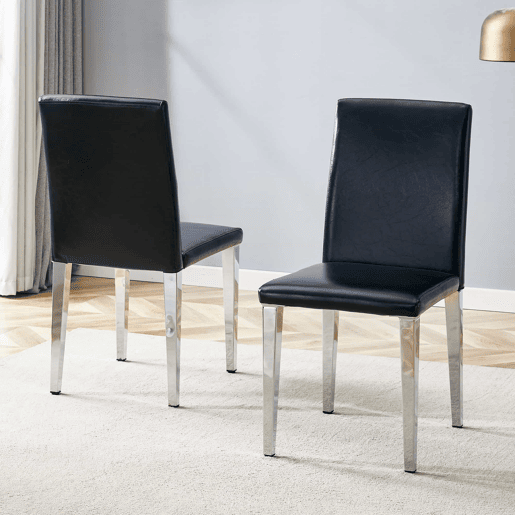 Conjunto de 2 cadeiras de jantar - design minimalista em couro sintético PU com pernas metálicas - preto e prateado
