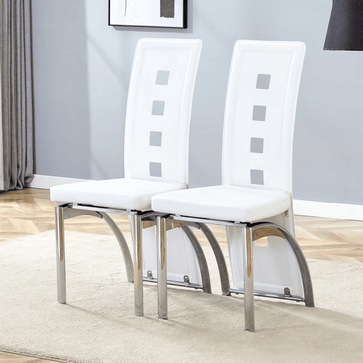 Cadeiras de sala de jantar 2 peças - Design europeu com padrão perfurado, PU branco + pernas metálicas prateadas - Branco+Prateado