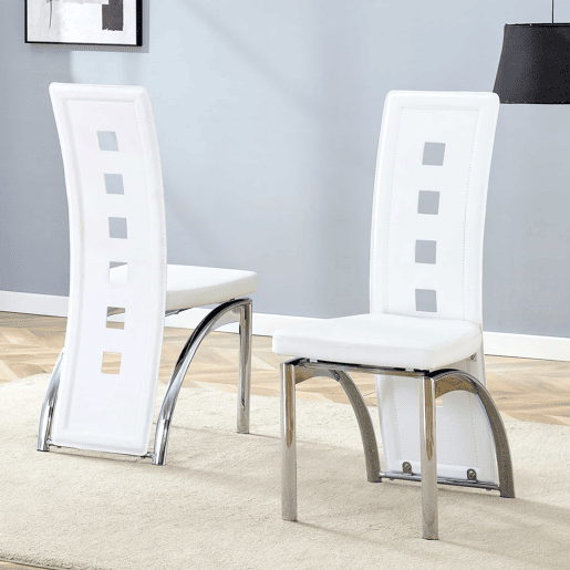 Cadeiras de sala de jantar 2 peças - Design europeu com padrão perfurado, PU branco + pernas metálicas prateadas - Branco+Prateado