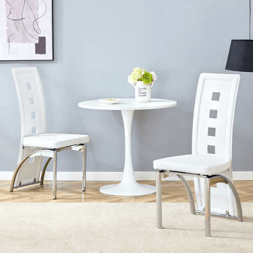 Cadeiras de sala de jantar 2 peças - Design europeu com padrão perfurado, PU branco + pernas metálicas prateadas - Branco+Prateado