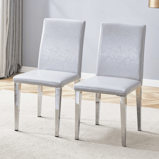 Cadeiras de sala de jantar 2 unidades - design minimalista, estofadas em PU cinza claro com pernas metálicas prateadas - Cinza claro e Prateado