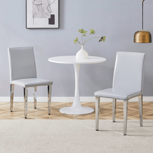 Cadeiras de sala de jantar 2 unidades - design minimalista, estofadas em PU cinza claro com pernas metálicas prateadas - Cinza claro e Prateado