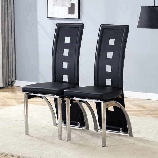 Cadeiras de sala de jantar 2 peças - design europeu com padrão perfurado, PU preto + pernas metálicas prateadas - Preto+Prata