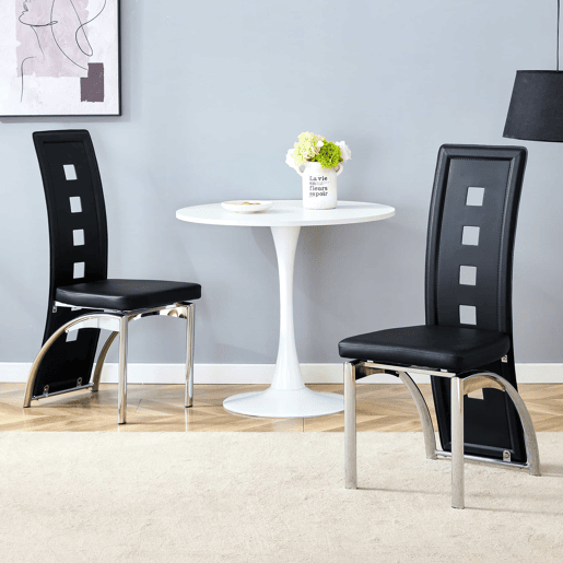 Cadeiras de sala de jantar 2 peças - design europeu com padrão perfurado, PU preto + pernas metálicas prateadas - Preto+Prata