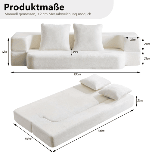 Sofá-cama de 2 lugares - design moderno, convertível, pronto a usar, fácil de transportar - branco