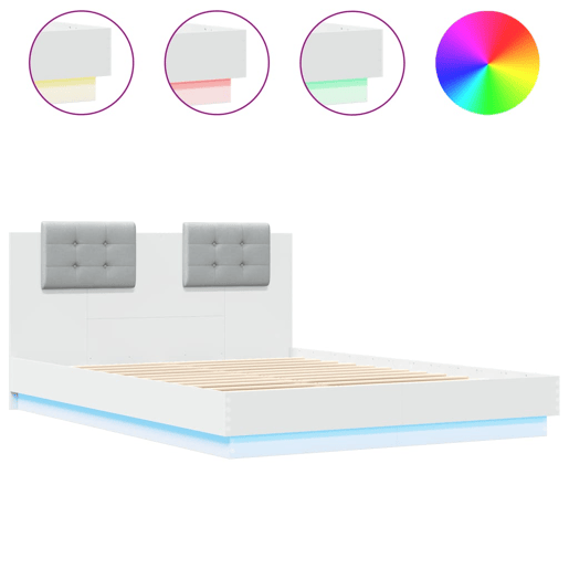 Estrutura de Cama de casal para adultos c cabeceira e luzes LED 150x200 cm branco