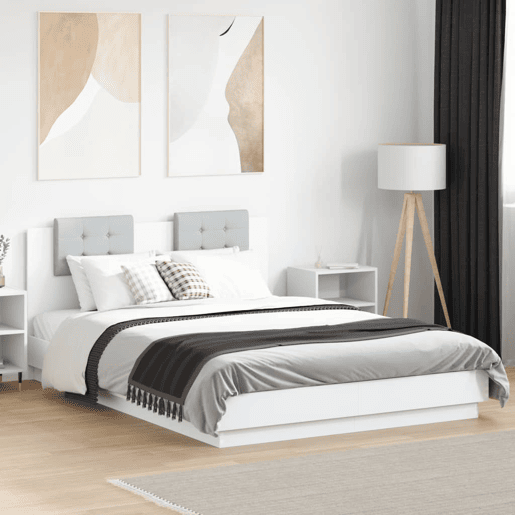 Estrutura de Cama de casal para adultos c cabeceira e luzes LED 150x200 cm branco