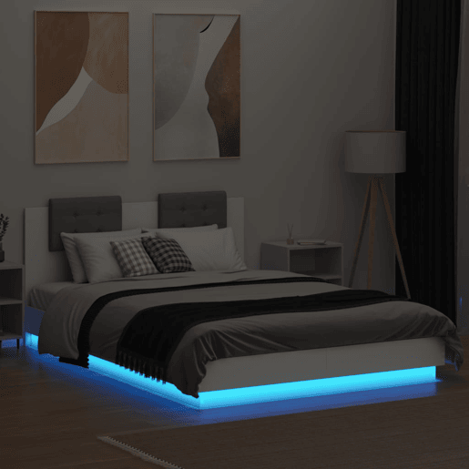 Estrutura de Cama de casal para adultos c cabeceira e luzes LED 150x200 cm branco