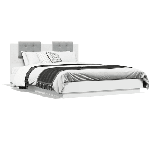 Estrutura de Cama de casal para adultos c cabeceira e luzes LED 150x200 cm branco