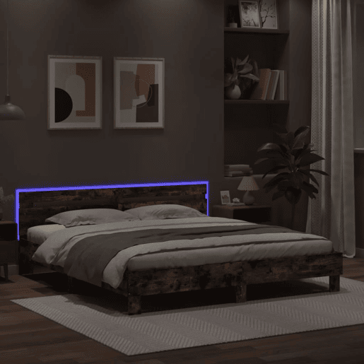 Estrutura Cama de casal simple c cabeceiraluzes LED 160x200cm carvalho fumado