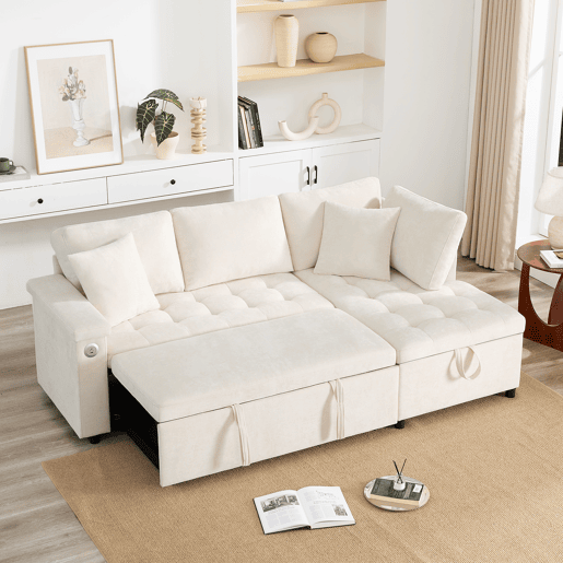 Sofá L moderno de 3 lugares - sofá-cama extensível com arrumação, porta USB e 2 almofadas - Bege