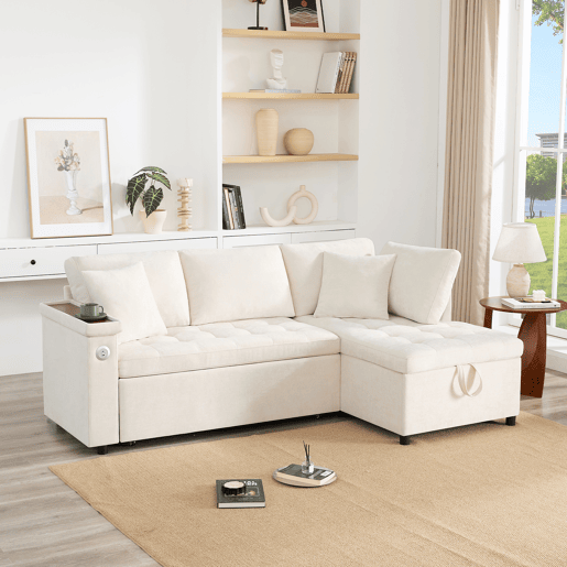Sofá L moderno de 3 lugares - sofá-cama extensível com arrumação, porta USB e 2 almofadas - Bege