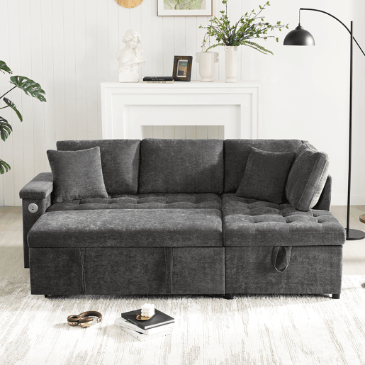 Sofá L 3 lugares - Sofá-cama extensível, com arrumação, carregador USB, apoio de braços e 2 almofadas - Cinza