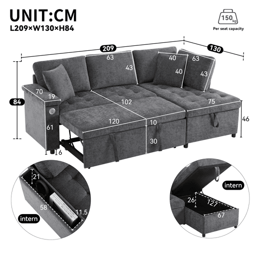 Sofá L 3 lugares - Sofá-cama extensível, com arrumação, carregador USB, apoio de braços e 2 almofadas - Cinza