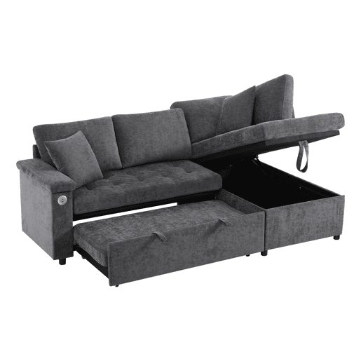 Sofá L 3 lugares - Sofá-cama extensível, com arrumação, carregador USB, apoio de braços e 2 almofadas - Cinza
