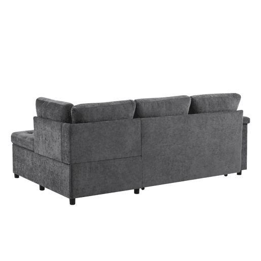 Sofá L 3 lugares - Sofá-cama extensível, com arrumação, carregador USB, apoio de braços e 2 almofadas - Cinza