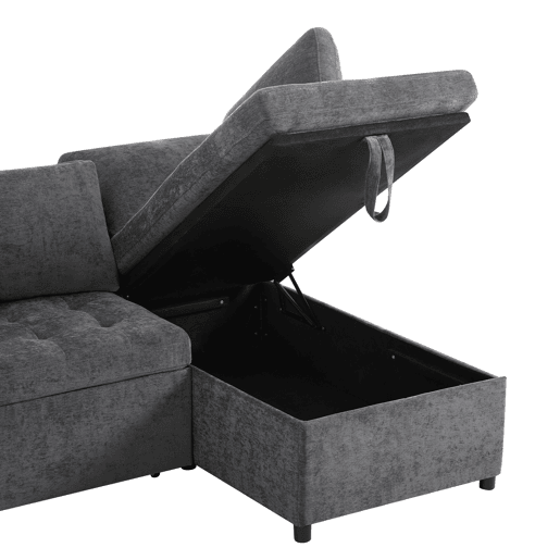 Sofá L 3 lugares - Sofá-cama extensível, com arrumação, carregador USB, apoio de braços e 2 almofadas - Cinza