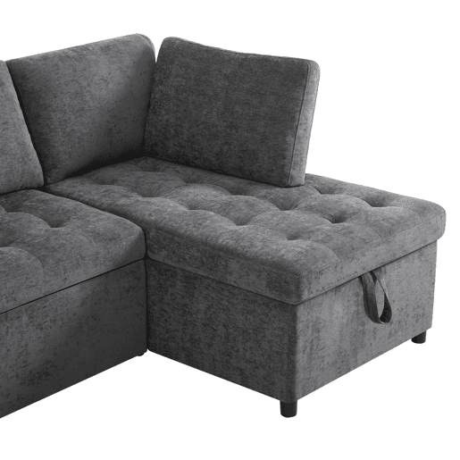 Sofá L 3 lugares - Sofá-cama extensível, com arrumação, carregador USB, apoio de braços e 2 almofadas - Cinza