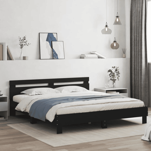 Estrutura de Cama de casal simple com cabeceira e luzes LED 160x200 cm preto