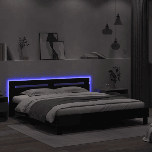 Estrutura de Cama de casal simple com cabeceira e luzes LED 160x200 cm preto