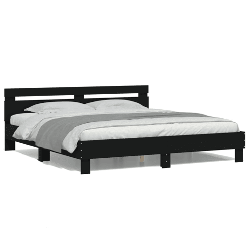 Estrutura de Cama de casal simple com cabeceira e luzes LED 160x200 cm preto