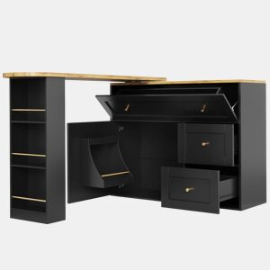 Mesa de bar extensível 138-204×39×105 cm - Móvel de cozinha, aparador com prateleira para aperitivos, mesa de bar telescópica, mesa alta, ilha de cozinha - Preto