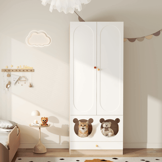Armário infantil 80x50x200 cm - com barra para pendurar e cama para gato, puxadores em cerâmica - Natural+Branco