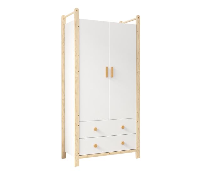 Armario 90x45x180 cm - 2 puertas, con barra y 2 cajones, para dormitorio y salón - blanco+natural