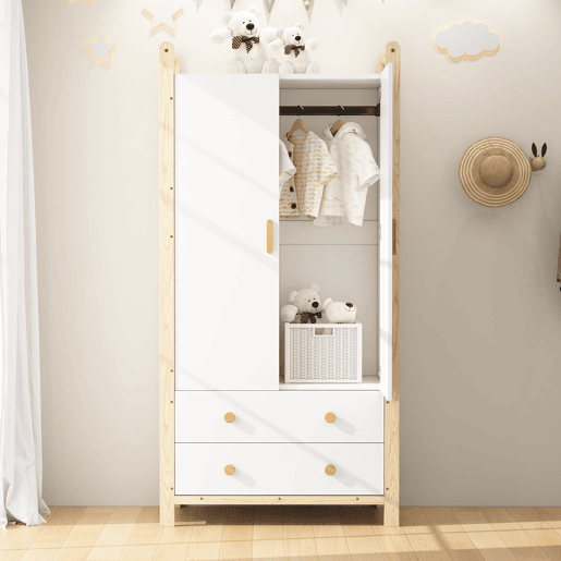 Armário 90x45x180 cm - 2 portas, com barra e 2 gavetas, para quarto e sala - Branco+Natural