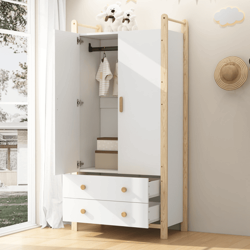 Armário 90x45x180 cm - 2 portas, com barra e 2 gavetas, para quarto e sala - Branco+Natural
