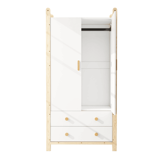 Armário 90x45x180 cm - 2 portas, com barra e 2 gavetas, para quarto e sala - Branco+Natural