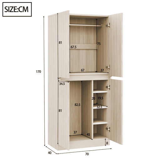 Armário roupeiro 70x40x170 cm - Porta dupla com pequeno compartimento - Cor madeira