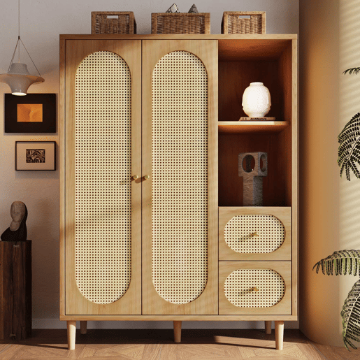 Armário de estilo rústico 161 x 120 x 44 cm - 2 portas, 2 gavetas, prateleiras abertas, varão para roupa - Carvalho