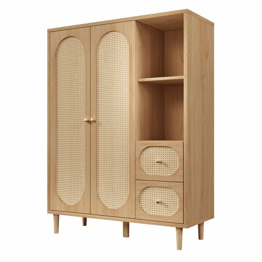 Armário de estilo rústico 161 x 120 x 44 cm - 2 portas, 2 gavetas, prateleiras abertas, varão para roupa - Carvalho