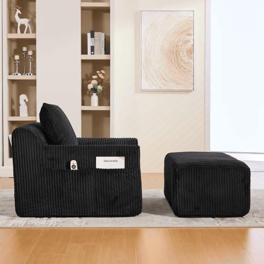 Poltrona grande - Kordsamt, bolsos laterais, almofada, assento profundo, moderno - Preto