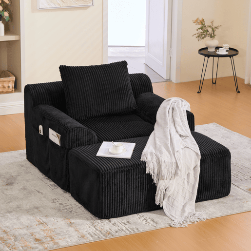 Poltrona grande - Kordsamt, bolsos laterais, almofada, assento profundo, moderno - Preto