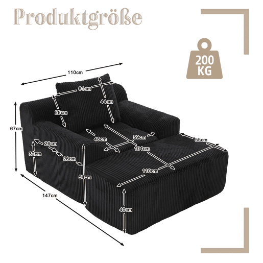 Poltrona grande - Kordsamt, bolsos laterais, almofada, assento profundo, moderno - Preto