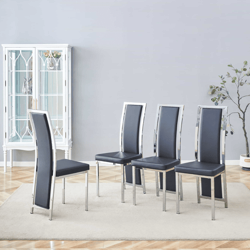 Cadeiras de sala de jantar 4 unidades 109 cm - design minimalista europeu, estofadas em PU com estrutura metálica brilhante - preto e prateado