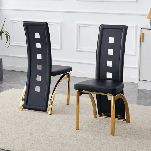 Conjunto de 2 cadeiras de jantar com design europeu - Couro PU preto + pernas metálicas douradas - 102,5 cm - Preto e dourado
