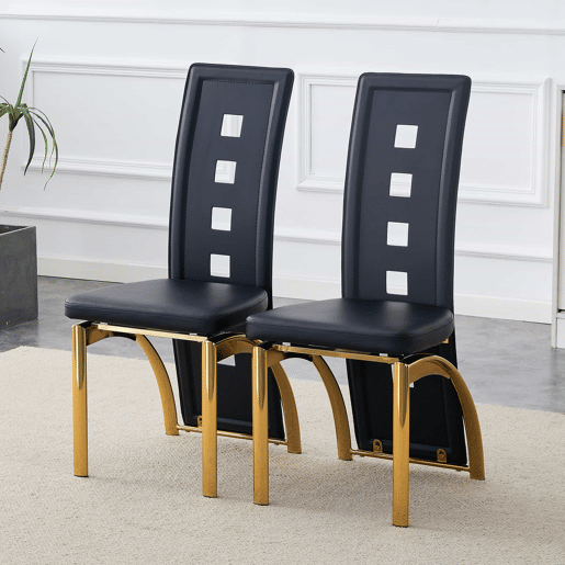 Conjunto de 2 cadeiras de jantar com design europeu - Couro PU preto + pernas metálicas douradas - 102,5 cm - Preto e dourado