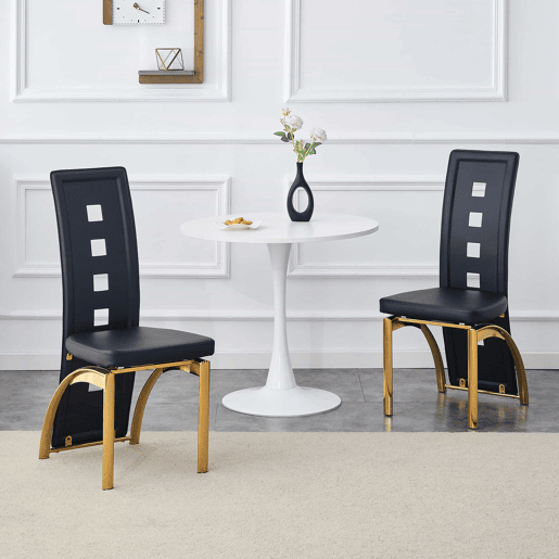 Conjunto de 2 cadeiras de jantar com design europeu - Couro PU preto + pernas metálicas douradas - 102,5 cm - Preto e dourado