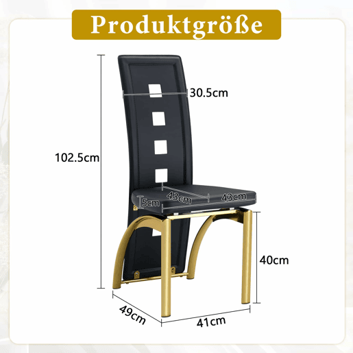 Conjunto de 2 cadeiras de jantar com design europeu - Couro PU preto + pernas metálicas douradas - 102,5 cm - Preto e dourado