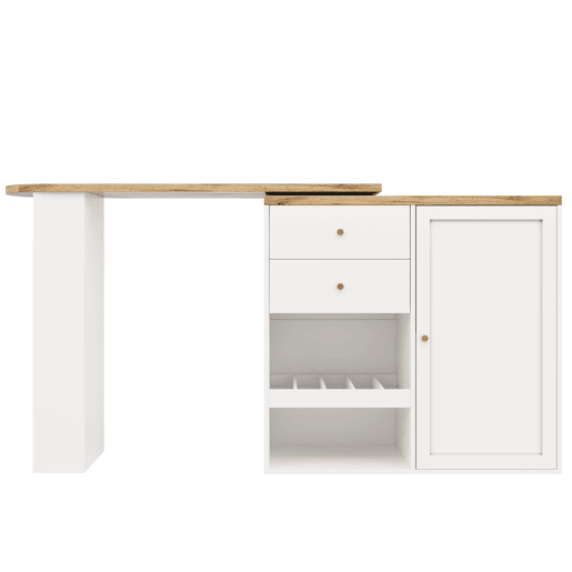 Mesa de bar giratória 105x39x102 cm - com 2 gavetas e armário com porta deslizante, 3 níveis de armazenamento aberto - branca