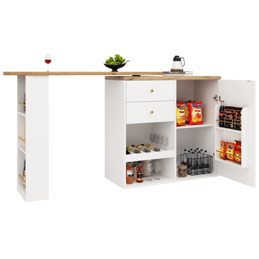 Mesa de bar giratória 105x39x102 cm - com 2 gavetas e armário com porta deslizante, 3 níveis de armazenamento aberto - branca