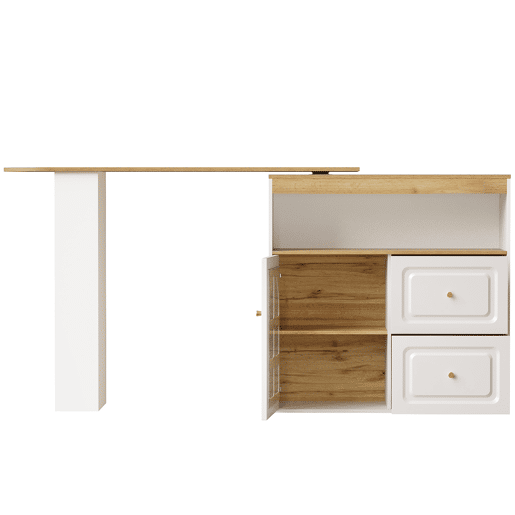 Mesa de bar giratória 360° - 2 gavetas, prateleira para snacks, compartimento aberto, com prateleiras e vidro curvo - Branco