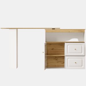 Mesa de bar giratória 360° - 2 gavetas, prateleira para snacks, compartimento aberto, com prateleiras e vidro curvo - Branco